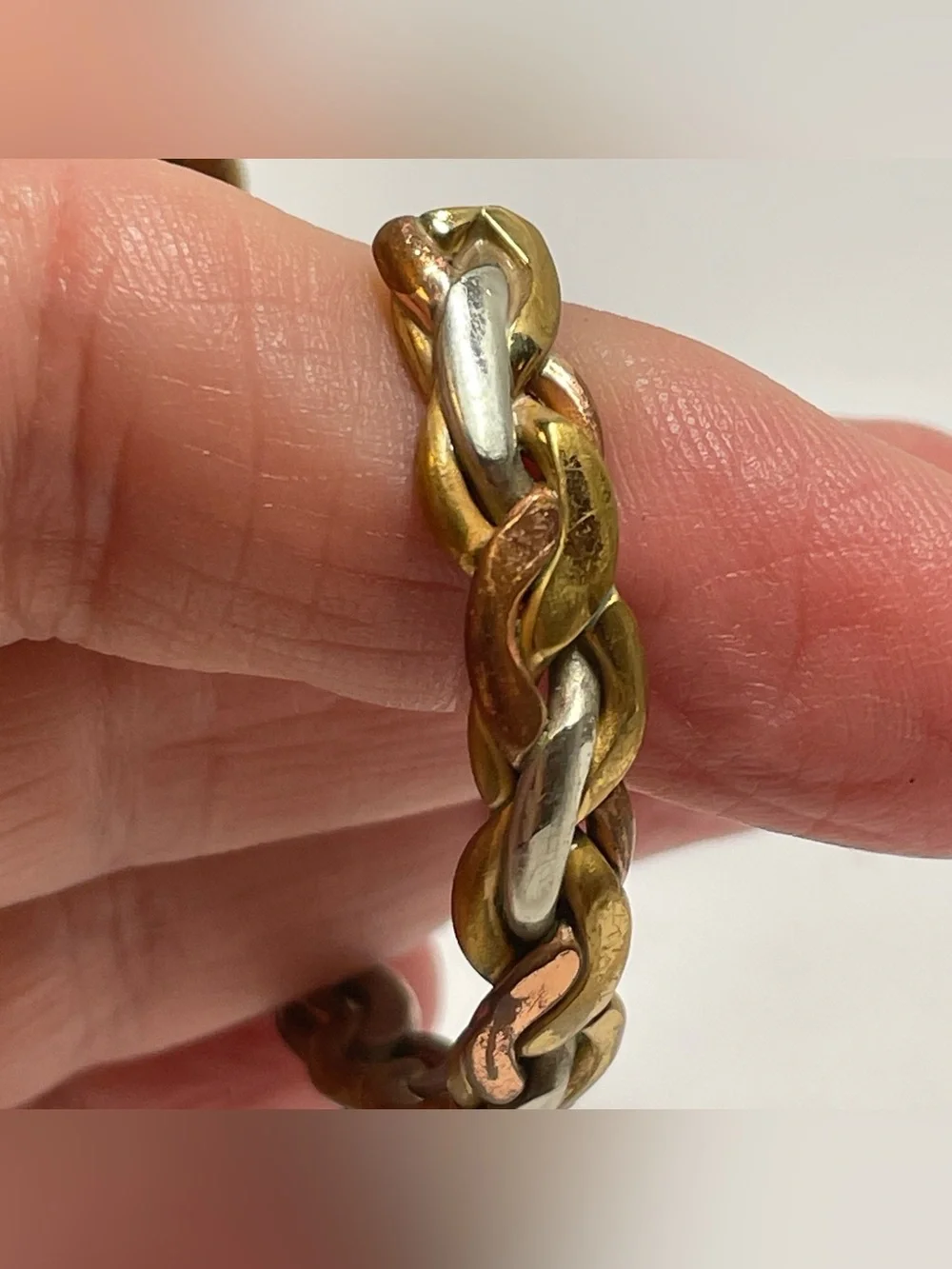 Vintage Artisan Crafted Braid Multicolor Tri Color Metal Coppery Cuff Bracelet